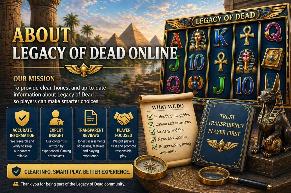 Legacy of Dead Online about page concept with Egyptian slot reels, editorial research desk, trust signals and player-first transparency visuals