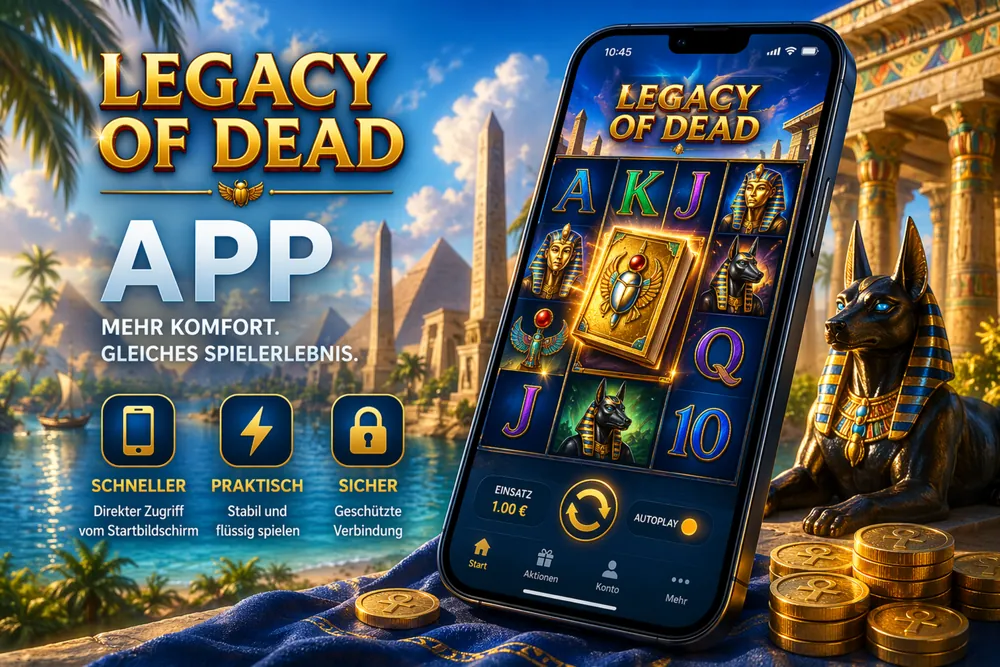 Legacy of Dead com interface do slot em aplicativo mobile, smartphone com tema egípcio dourado e destaque visual para jogar via app em estilo editorial azul-dourado