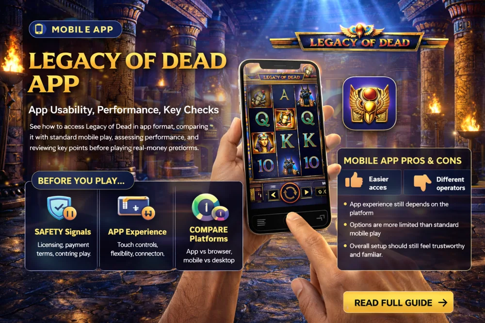 Legacy of Dead app guide with smartphone slot interface, Egyptian temple background, app usability visuals, and mobile access comparison overview