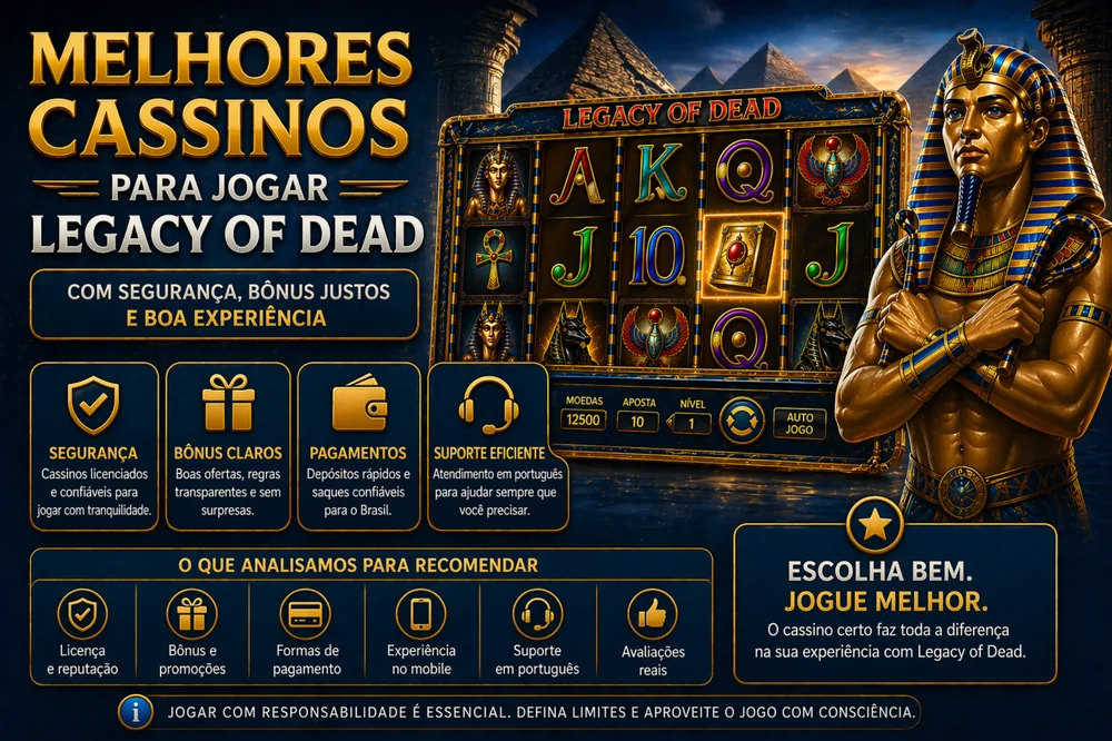 Legacy of Dead com interface do slot, personagem egípcio dourado e destaque visual para escolher melhores cassinos com segurança em estilo editorial azul-dourado