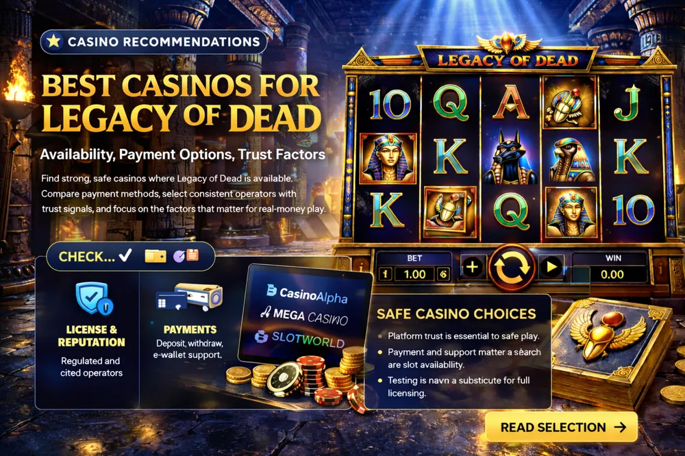 Legacy of Dead casino selection guide with slot reels, Egyptian temple background, payment and trust visuals, and comparison-focused operator overview
