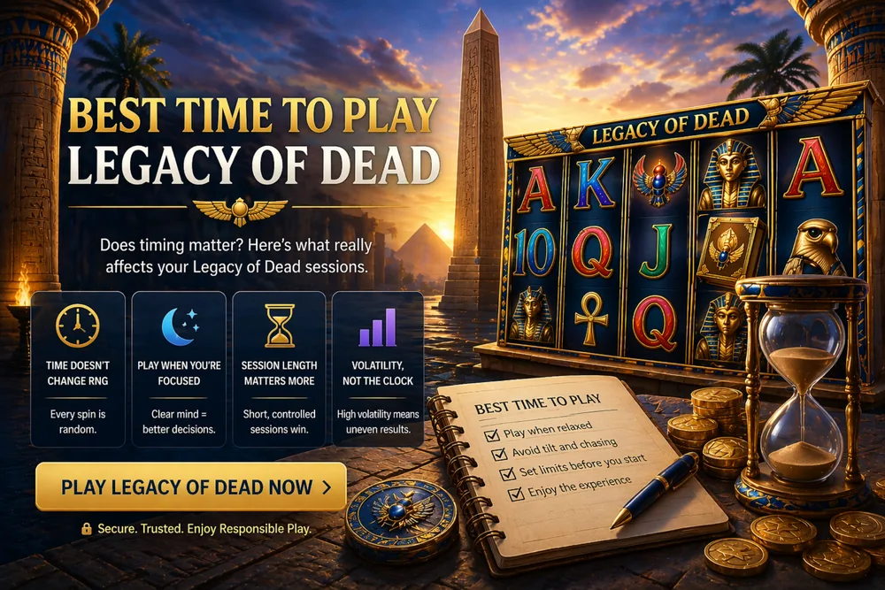 Legacy of Dead best time to play concept with Egyptian slot reels, clock and session timing visuals showing that timing myths do not affect outcomes
