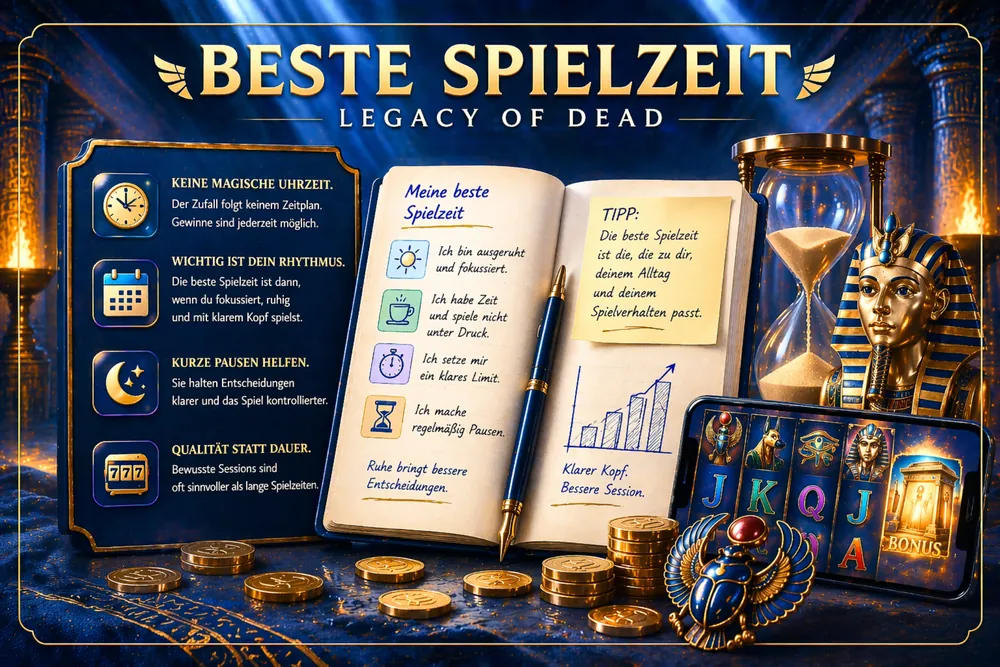 Legacy of Dead beste Spielzeit mit Notizbuch, Sanduhr, Münzen, Slot-Elementen und ägyptischen Symbolen im premium dunkelblauen Editorial-Stil