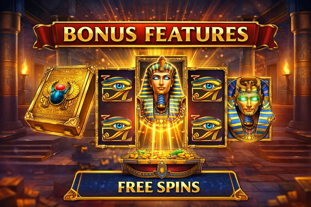 Legacy of Dead bonus features with free spins, expanding symbols, Egyptian temple reels, glowing pharaoh symbol and feature activation moment