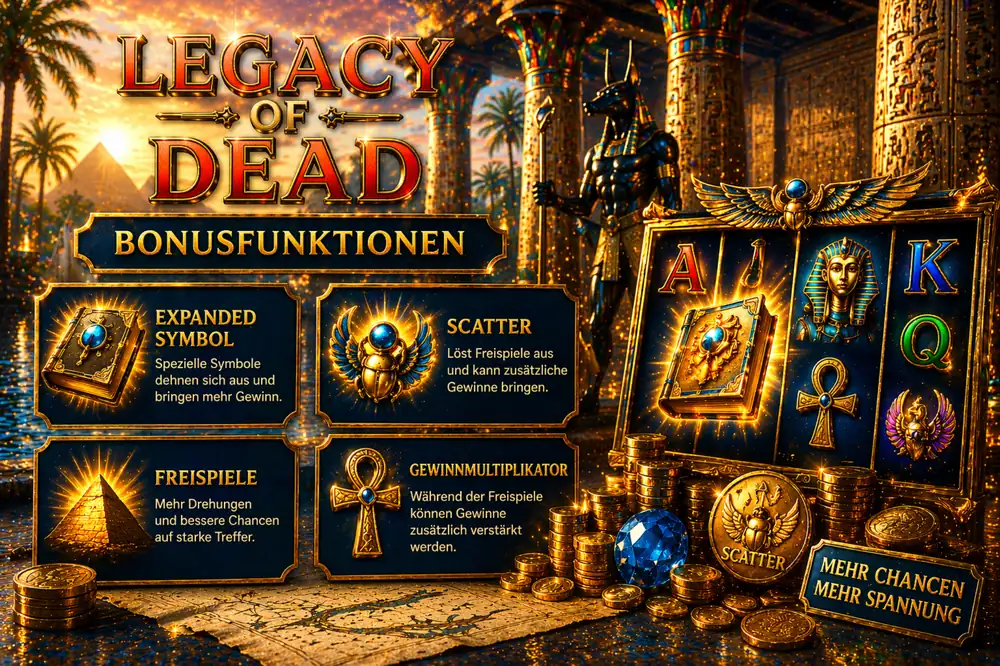 Legacy of Dead com interface do slot, símbolos egípcios e destaque visual para bônus e free spins em estilo editorial azul-dourado