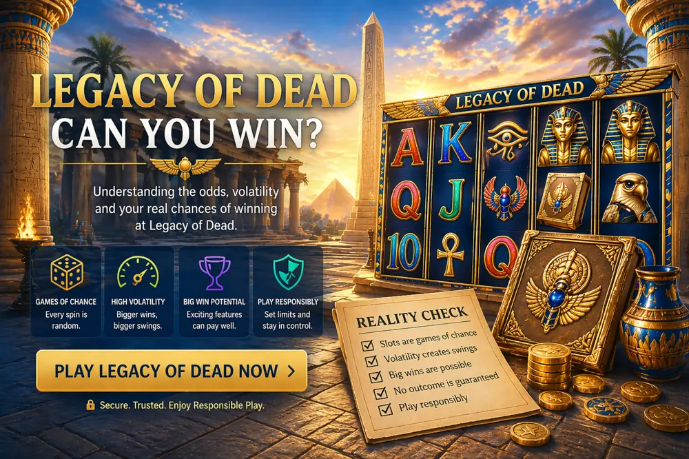 Legacy of Dead can you win concept with Egyptian slot reels, golden symbols, volatility visuals and realistic odds mindset illustration