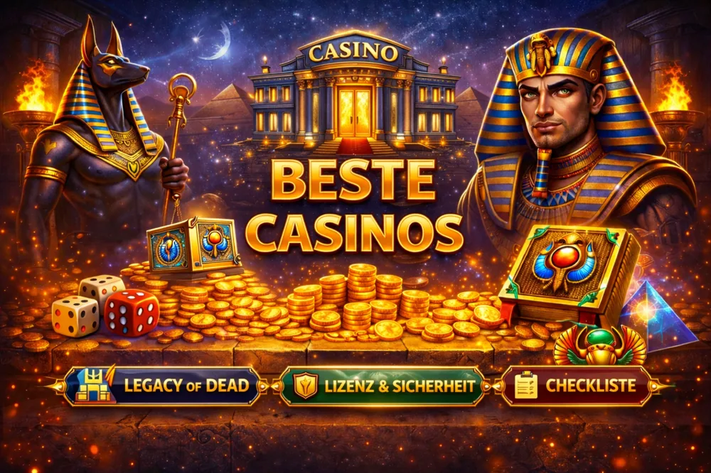 Legacy of Dead Casinos mit ägyptischem Thema, goldenen Münzen, Casino-Gebäude und Fokus auf Auswahl, Sicherheit und Echtgeld-Spiel