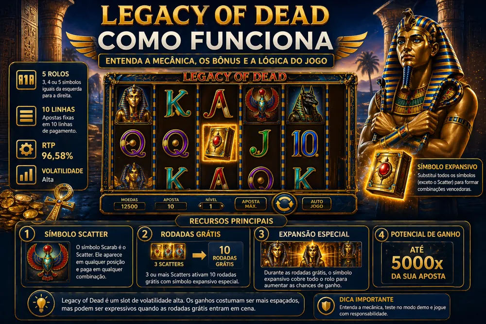 Legacy of Dead com interface do slot, símbolos egípcios, rolos em destaque e explicação visual da mecânica do jogo em estilo azul-dourado