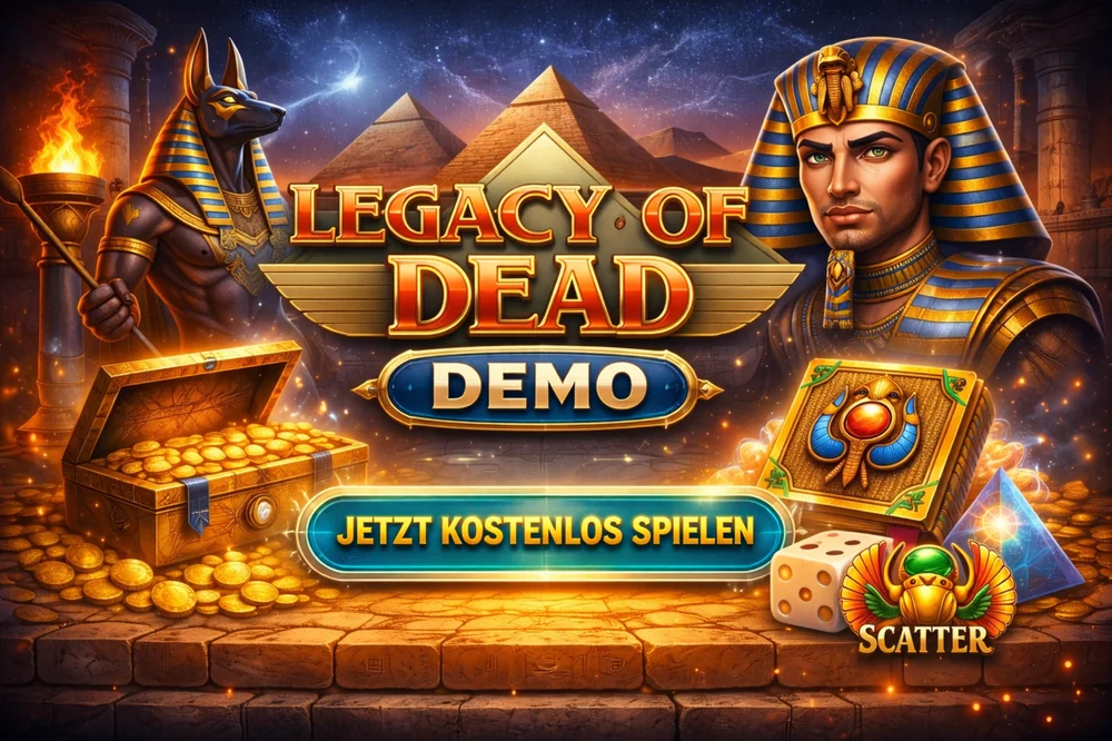 Legacy of Dead Demo mit ägyptischen Figuren, goldenen Münzen, Freispiele-Stimmung und Hinweis auf kostenloses Spielen