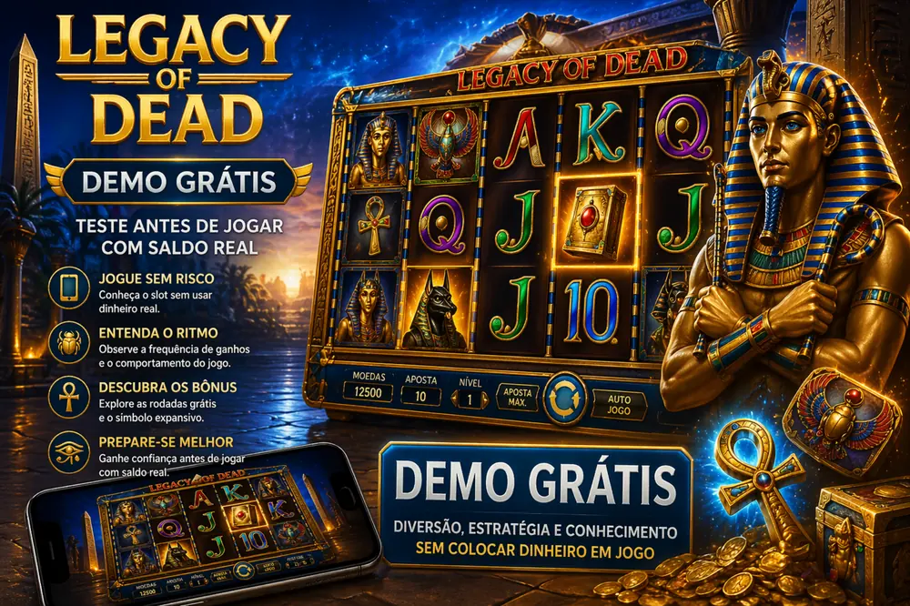 Legacy of Dead Demo com interface do slot, personagem egípcio dourado, smartphone com versão de teste e atmosfera azul-dourada em estilo editorial premium
