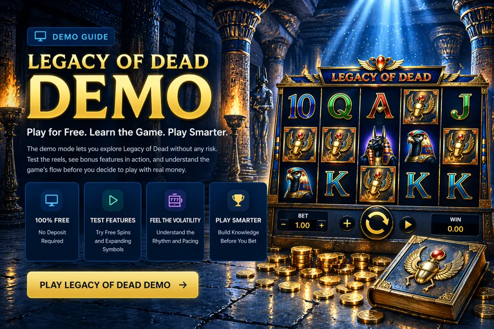 Legacy of Dead demo mode with slot reels, Egyptian temple background, golden symbols and free play interface for learning gameplay
