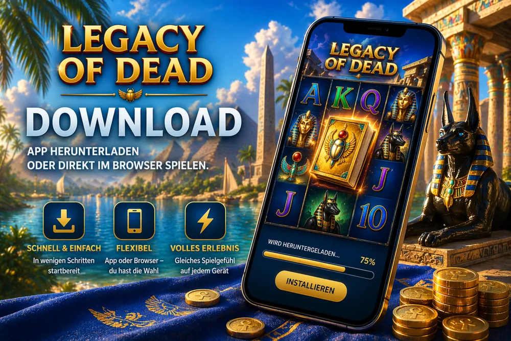 Legacy of Dead com interface do slot em smartphone, ícone de download e destaque visual para instalação em estilo editorial azul-dourado