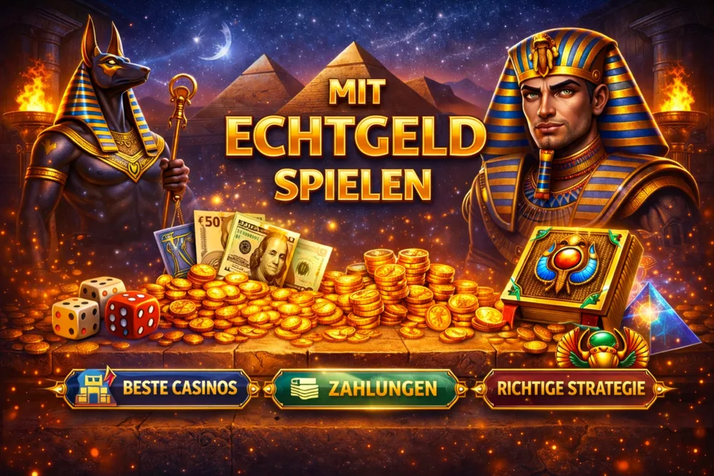 Legacy of Dead mit Anubis, Pharao, goldenen Münzen und Echtgeld-Fokus zu Casinos, Zahlungen und Spielstart