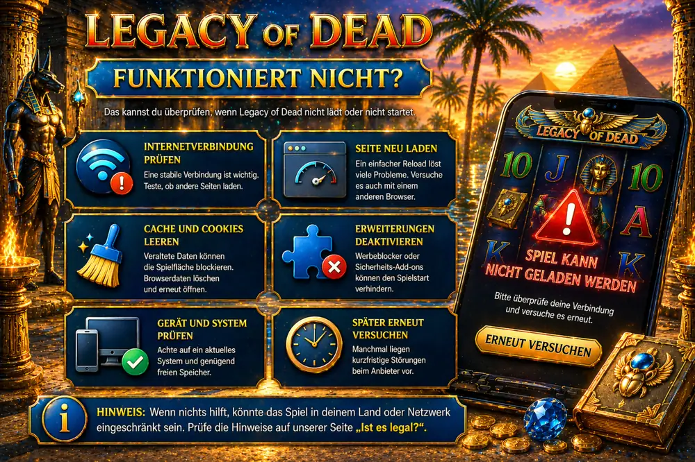 Legacy of Dead em smartphone com aviso de erro, elementos egípcios e atmosfera de cassino online, destacando problemas de acesso e funcionamento do jogo no Brasil