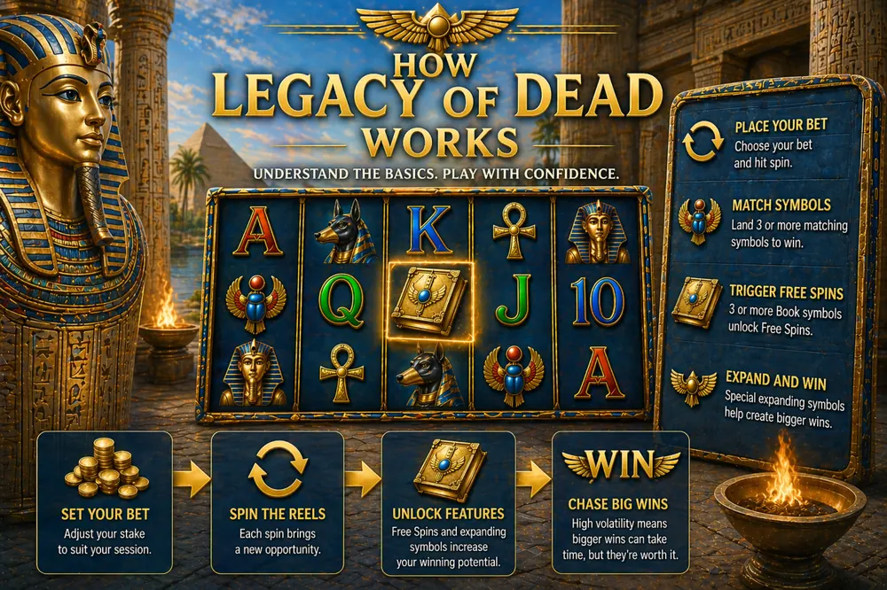 Legacy of Dead how it works guide with Egyptian slot reels, book scatter, gameplay flow and free spins mechanics visuals