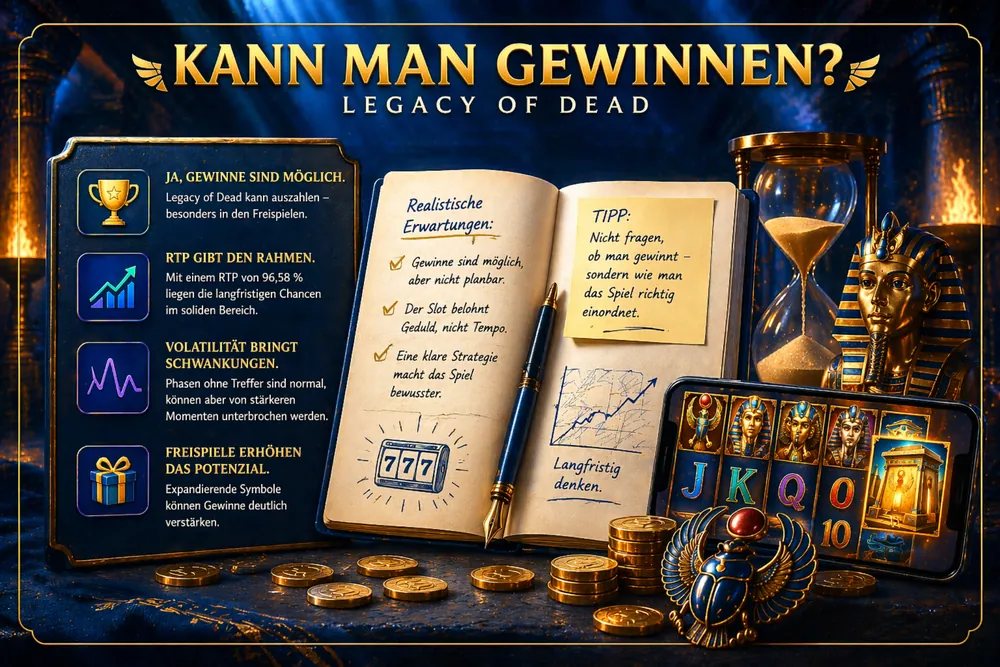 Legacy of Dead Gewinnchance mit Notizbuch, Sanduhr, Slot-Elementen, Münzen und ägyptischen Symbolen im premium dunkelblauen Editorial-Stil