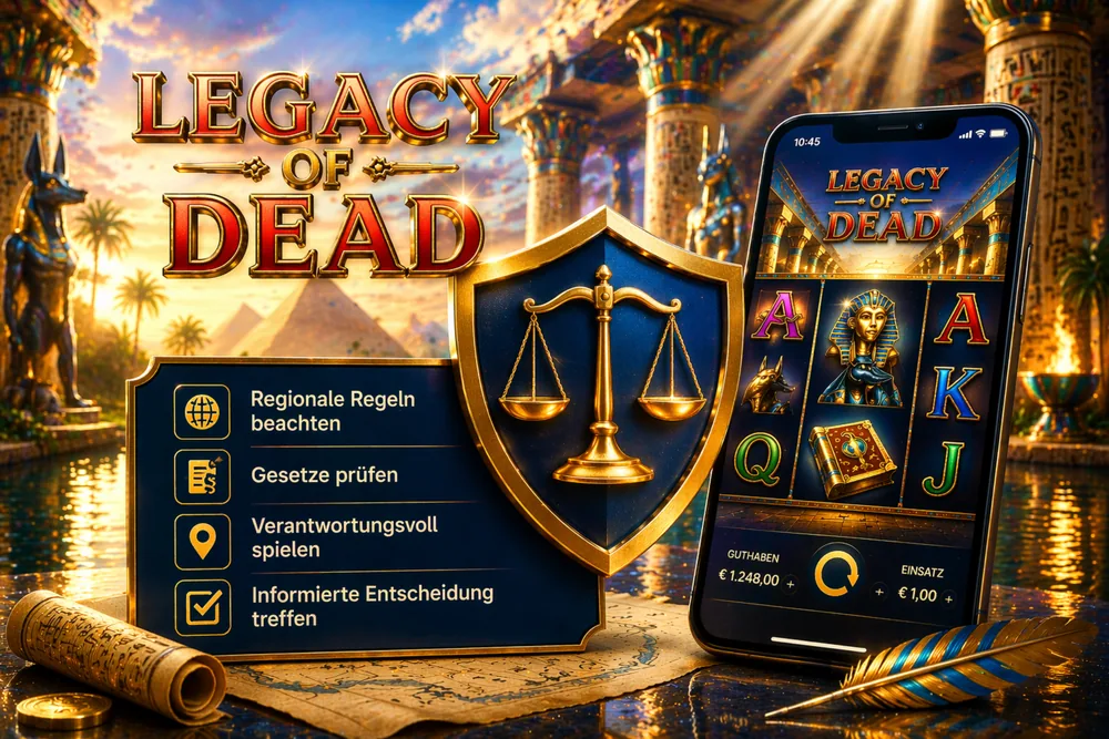Legacy of Dead mit Waage, Smartphone, gold-blauem Interface und ägyptischer Spielatmosphäre zur Einordnung rechtlicher und regionaler Regeln
