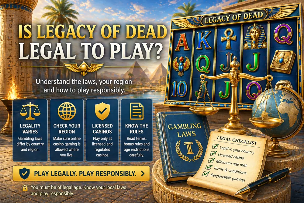 Legacy of Dead em smartphone com escudo, documento de verificação, símbolos egípcios e atmosfera de cassino online, destacando a análise sobre legalidade do jogo no Brasil