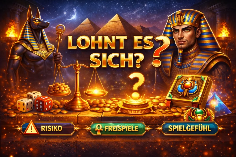 Legacy of Dead mit Anubis, Pharao, goldenen Münzen und Waage als visuelle Einschätzung zu Risiko, Freispielen und Spielgefühl