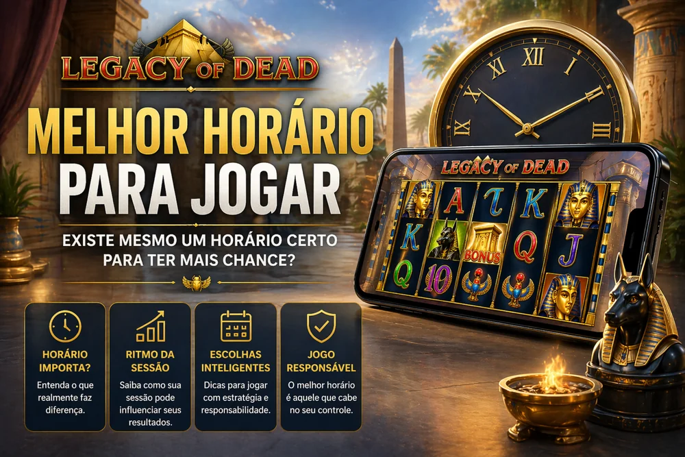 Legacy of Dead em smartphone com relógio dourado, símbolos egípcios e atmosfera de cassino online, destacando a análise sobre o melhor horário para jogar no Brasil