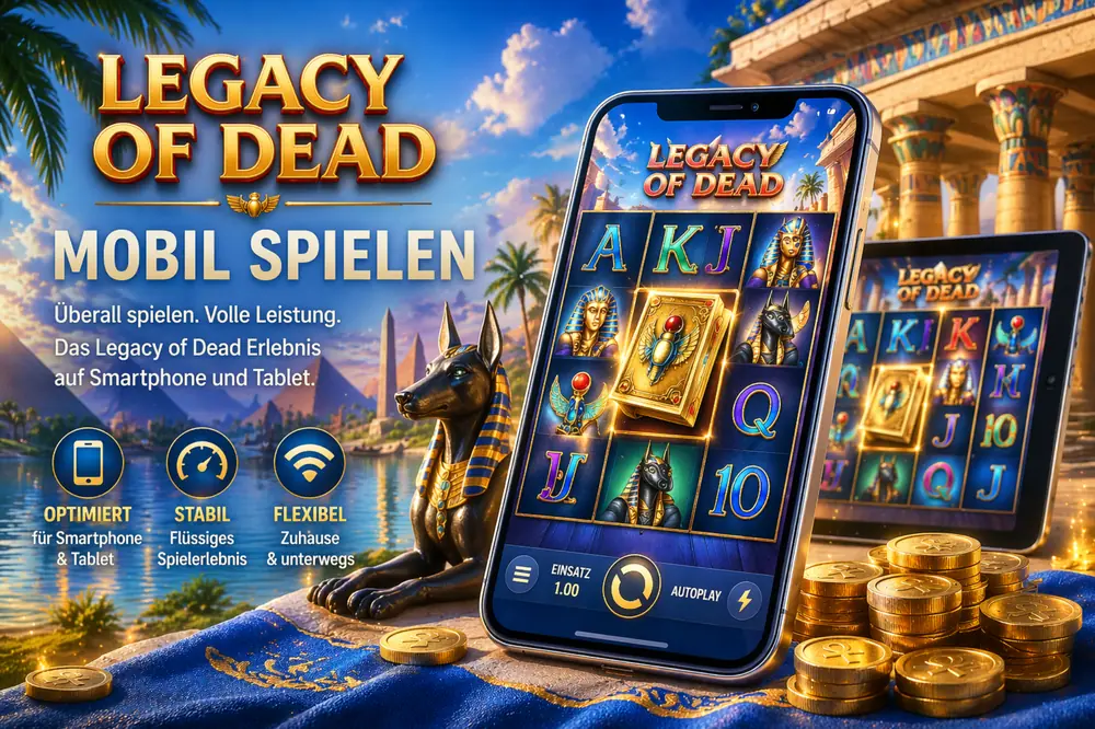 Legacy of Dead mobil auf Smartphone und Tablet mit ägyptischen Symbolen, goldenen Münzen und blau-goldenem Design für mobiles Spielen
