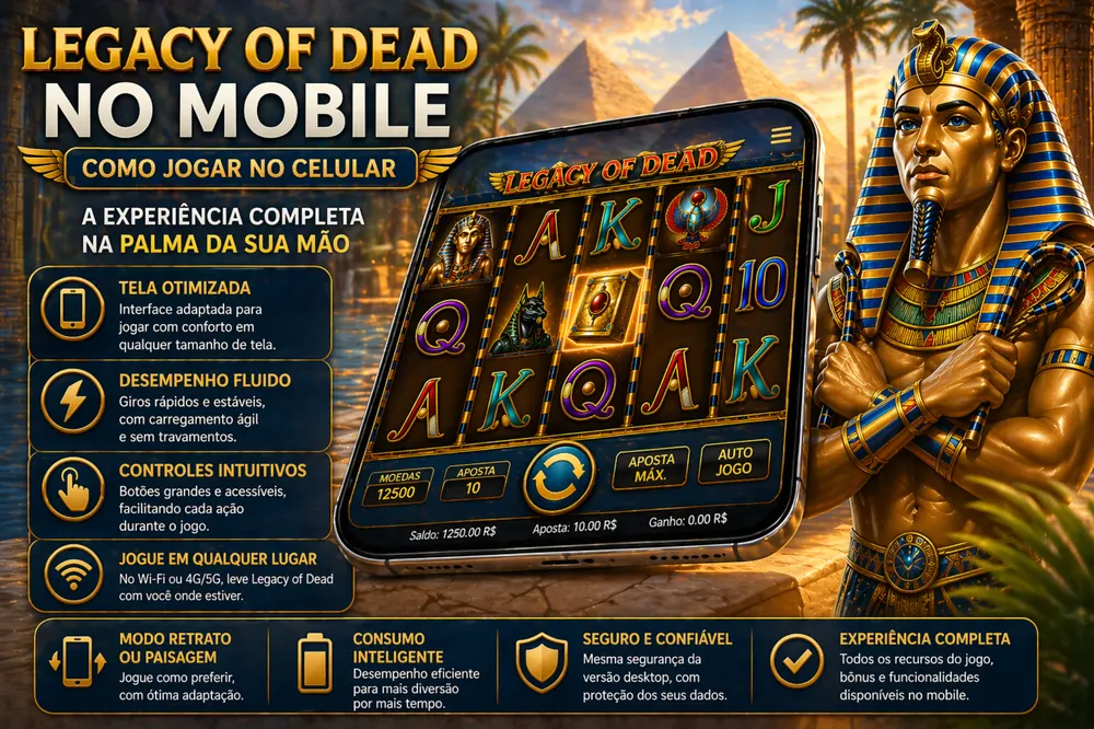 Legacy of Dead com interface do slot em smartphone, personagem egípcio dourado e destaque visual para jogar no mobile em estilo editorial azul-dourado