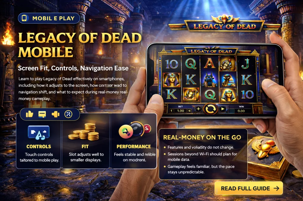 Legacy of Dead mobile play guide with smartphone gameplay screen, Egyptian temple background, touch controls, and mobile-friendly slot interface overview