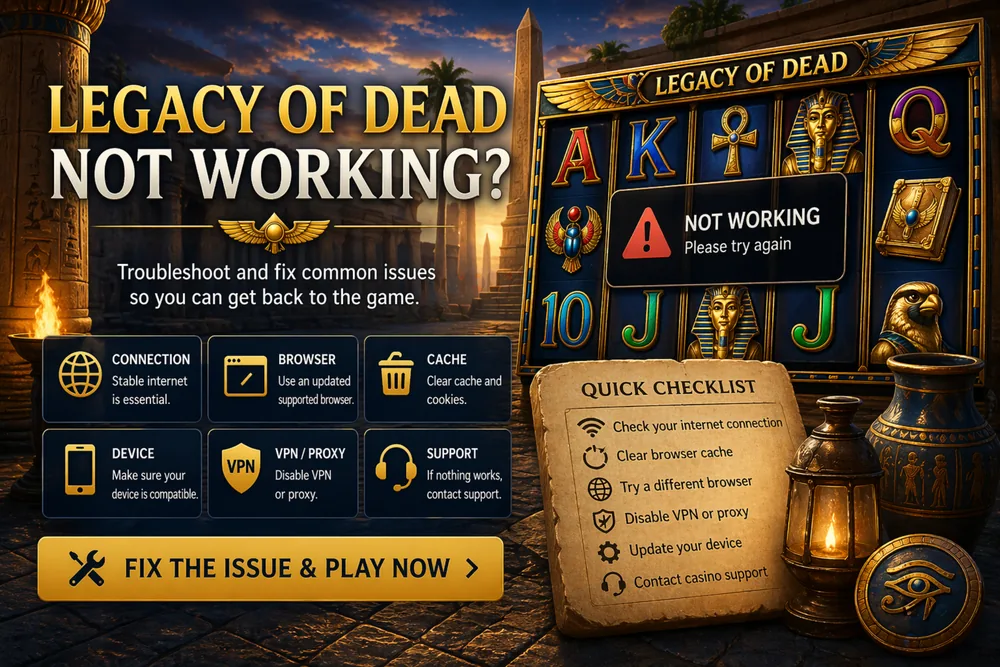 Legacy of Dead not working troubleshooting concept with Egyptian slot reels, warning message, browser and connection fix visuals