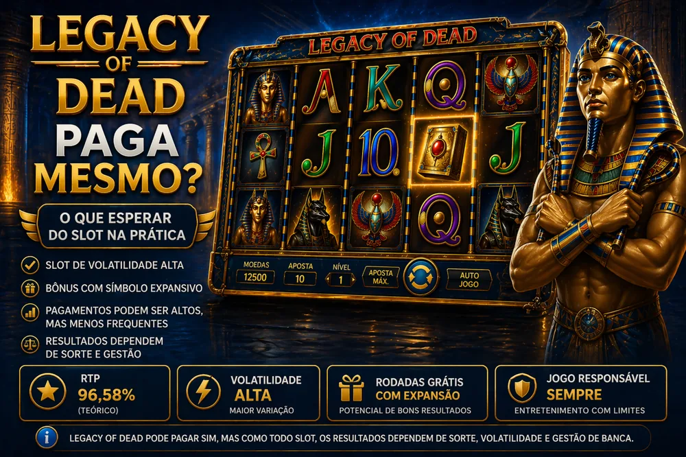 Legacy of Dead com interface do slot, personagem egípcio dourado e destaque visual para análise sobre se o jogo paga mesmo em estilo editorial azul-dourado