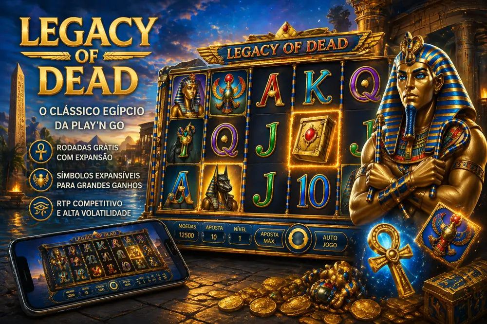 Legacy of Dead em destaque com interface do slot, personagem egípcio dourado, símbolos brilhantes e atmosfera azul-dourada em estilo editorial premium
