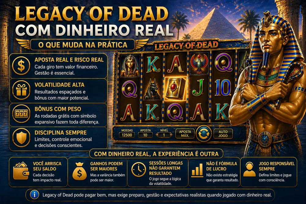 Legacy of Dead com interface do slot, personagem egípcio dourado e destaque visual para jogar com dinheiro real em estilo editorial azul-dourado