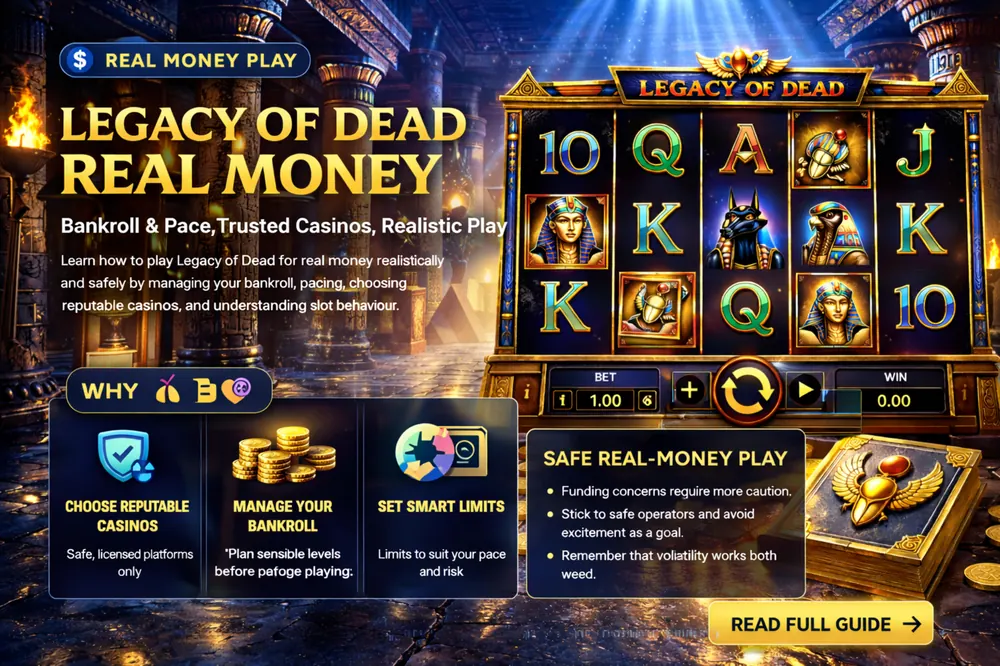 Legacy of Dead real money play guide with slot reels, Egyptian temple background, bankroll and casino safety visuals, and practical wagering overview