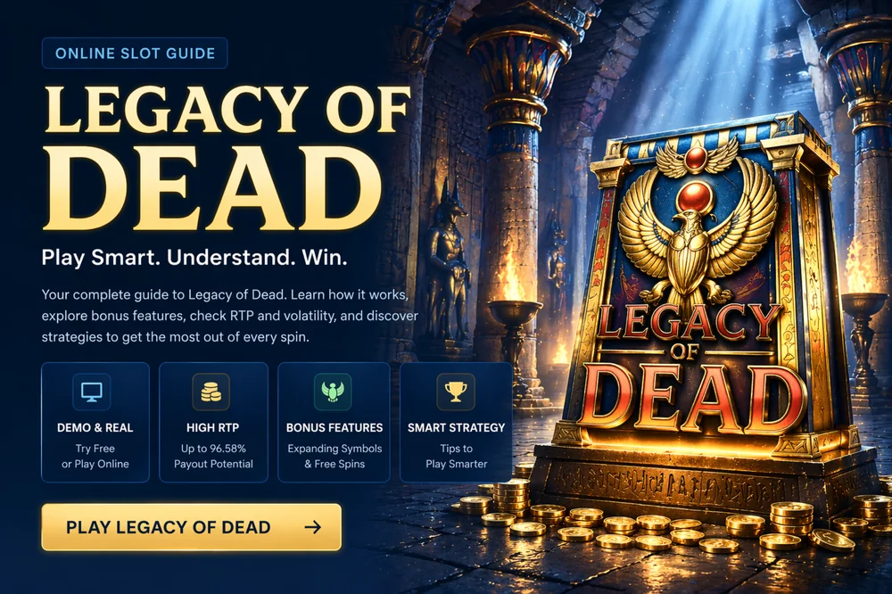 Legacy of Dead slot guide with Egyptian-themed game screen, gold symbols, dark blue temple background, and premium online casino editorial design
