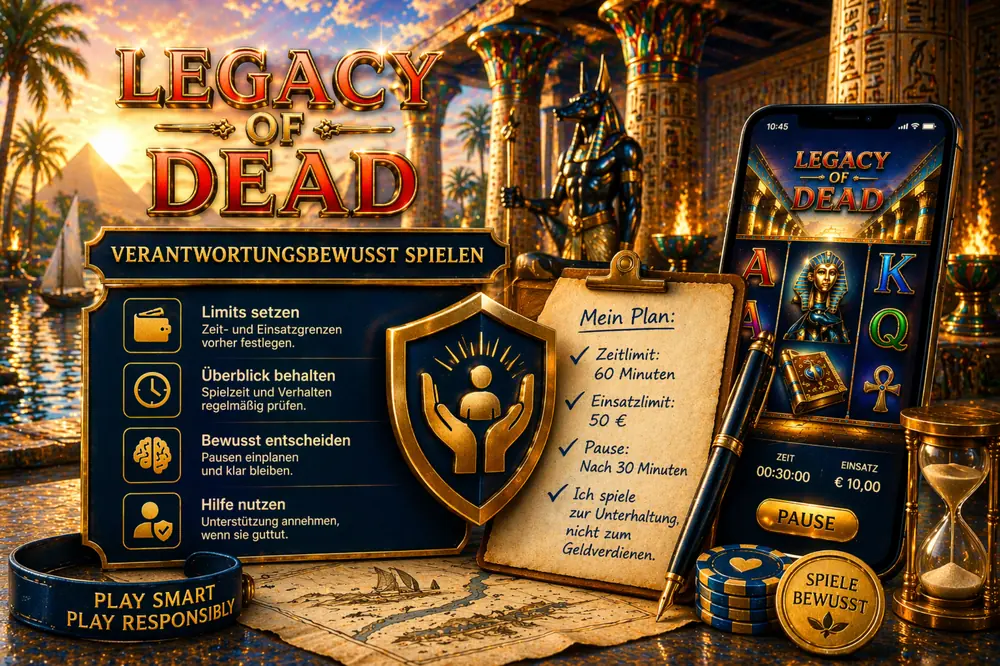 Legacy of Dead mit Schutzsymbol, Smartphone, Limits und gold-blauem Interface für verantwortungsbewusstes Spielen im ägyptischen Premium-Stil
