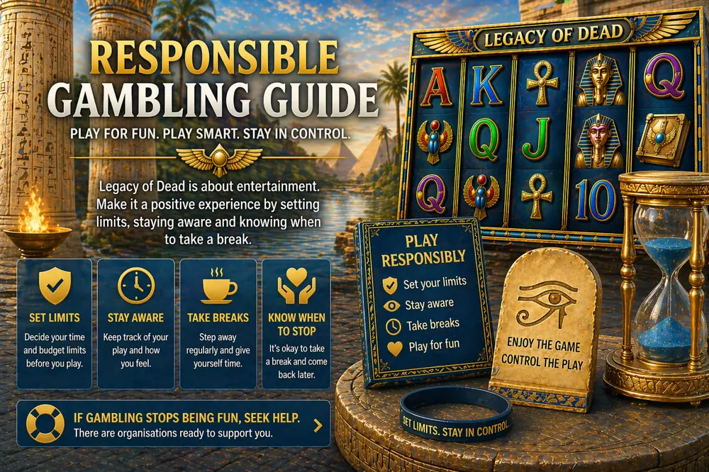 Legacy of Dead responsible gambling guide concept with Egyptian slot reels, limit-setting visuals, break reminders and safer play symbols