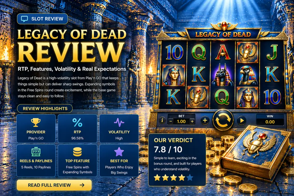 Legacy of Dead review screen with slot reels, Egyptian temple background, RTP and volatility highlights, and detailed game overview interface