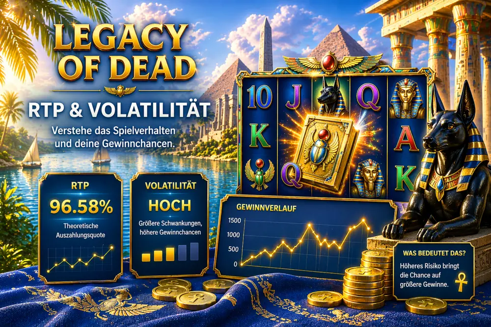 Legacy of Dead RTP and volatility guide with slot reels, Egyptian temple background, risk indicators, payout visuals, and statistical gameplay concept