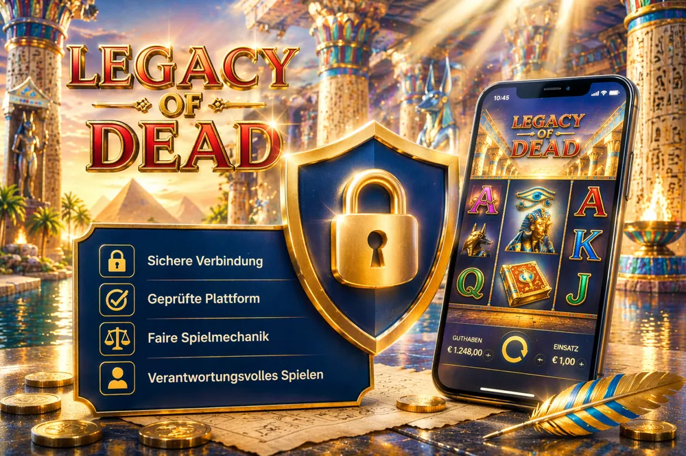 Legacy of Dead mit Sicherheitsschild, Smartphone, gold-blauem Interface und ägyptischer Spielatmosphäre in hellerem Premium-Stil