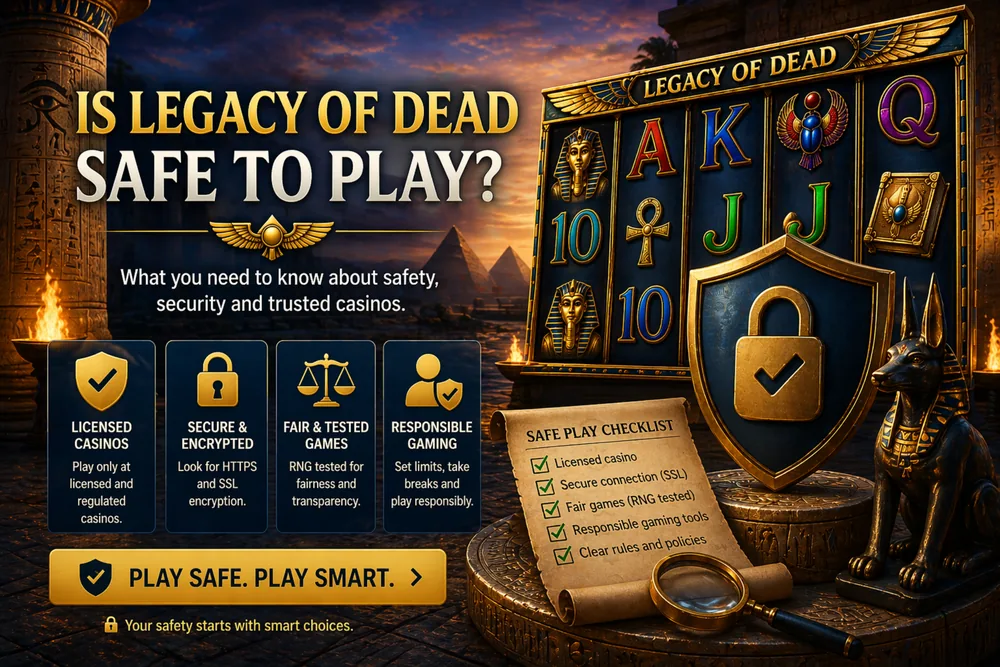 Legacy of Dead em smartphone com escudo de segurança, símbolos egípcios e atmosfera de cassino online, destacando critérios de confiança para jogar no Brasil