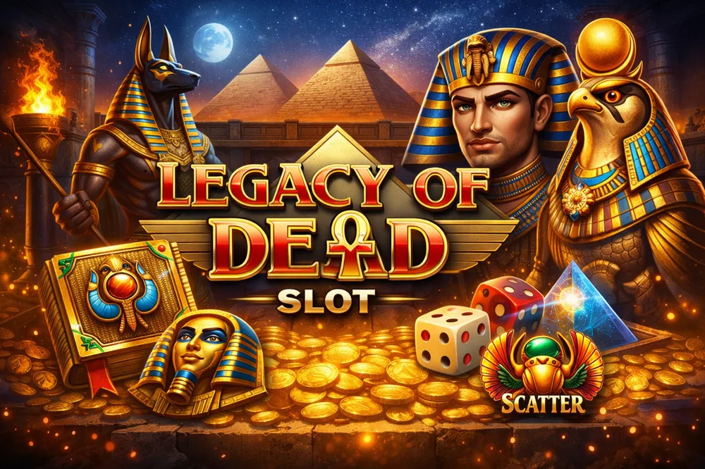 Legacy of Dead Slot mit ägyptischen Symbolen, goldenen Münzen, Anubis, Pharao und mystischer Casino-Atmosphäre in Blau und Gold