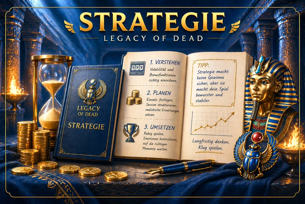 Legacy of Dead Strategie mit Notizbuch, Sanduhr, Münzen und ägyptischen Elementen im premium dunkelblauen Editorial-Stil