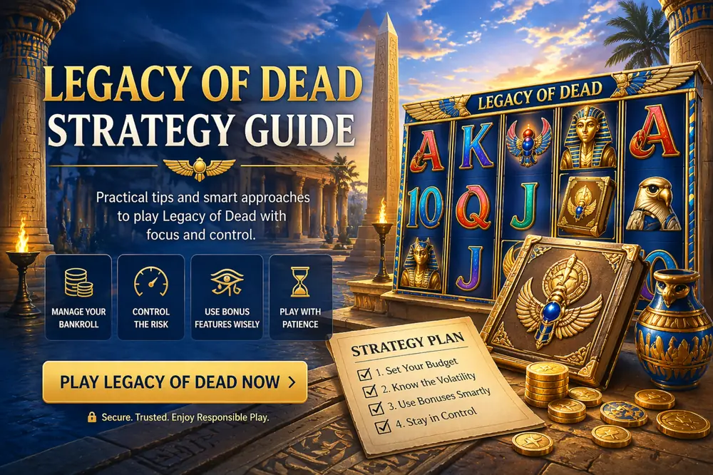 Legacy of Dead strategy guide with Egyptian-themed slot reels, bankroll planning notes, bonus feature focus and risk-control visual elements