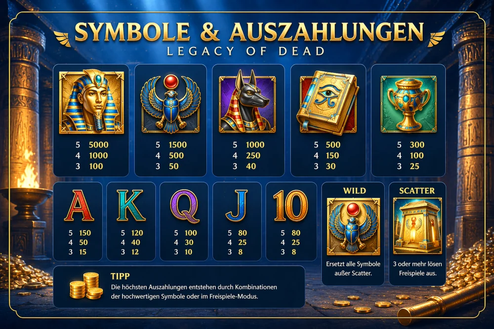 Legacy of Dead com interface do slot, símbolos egípcios e destaque visual para símbolos e tabela de pagamentos em estilo editorial azul-dourado