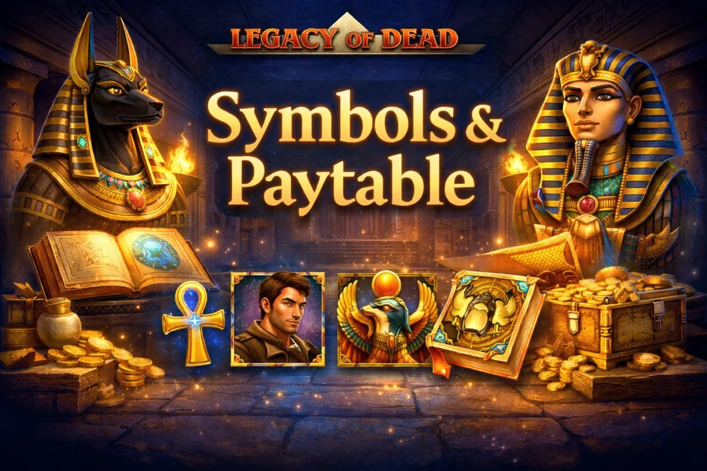 Legacy of Dead symbols and paytable guide with Egyptian icons, premium symbols, payout values and bonus feature highlights