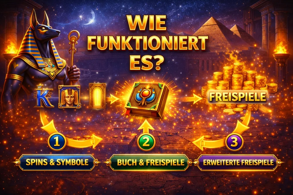 Legacy of Dead mit Anubis, Slot-Symbolen, Buchsymbol, Freispielen und visueller Erklärung zum Spielablauf
